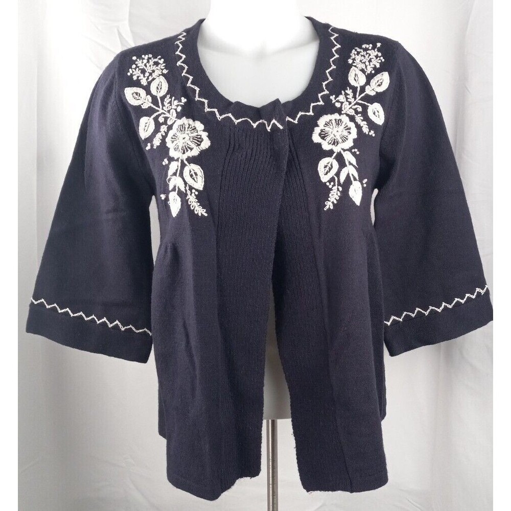 Tiara Womens Blue White Embroidered Knit Cardigan Sweater Size M‎